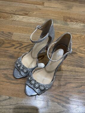 Imagine Vince Camuto Silver Embellished Ankle-Strap Heels with Crystal Detail